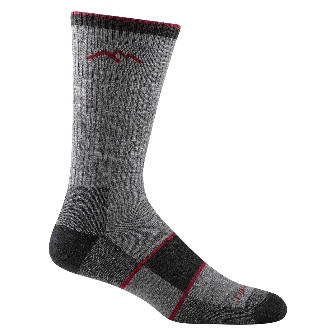 1405 men's hiking boot sock in color charcoal with black toe/heel accents, forefoot color block and 2 red stripes