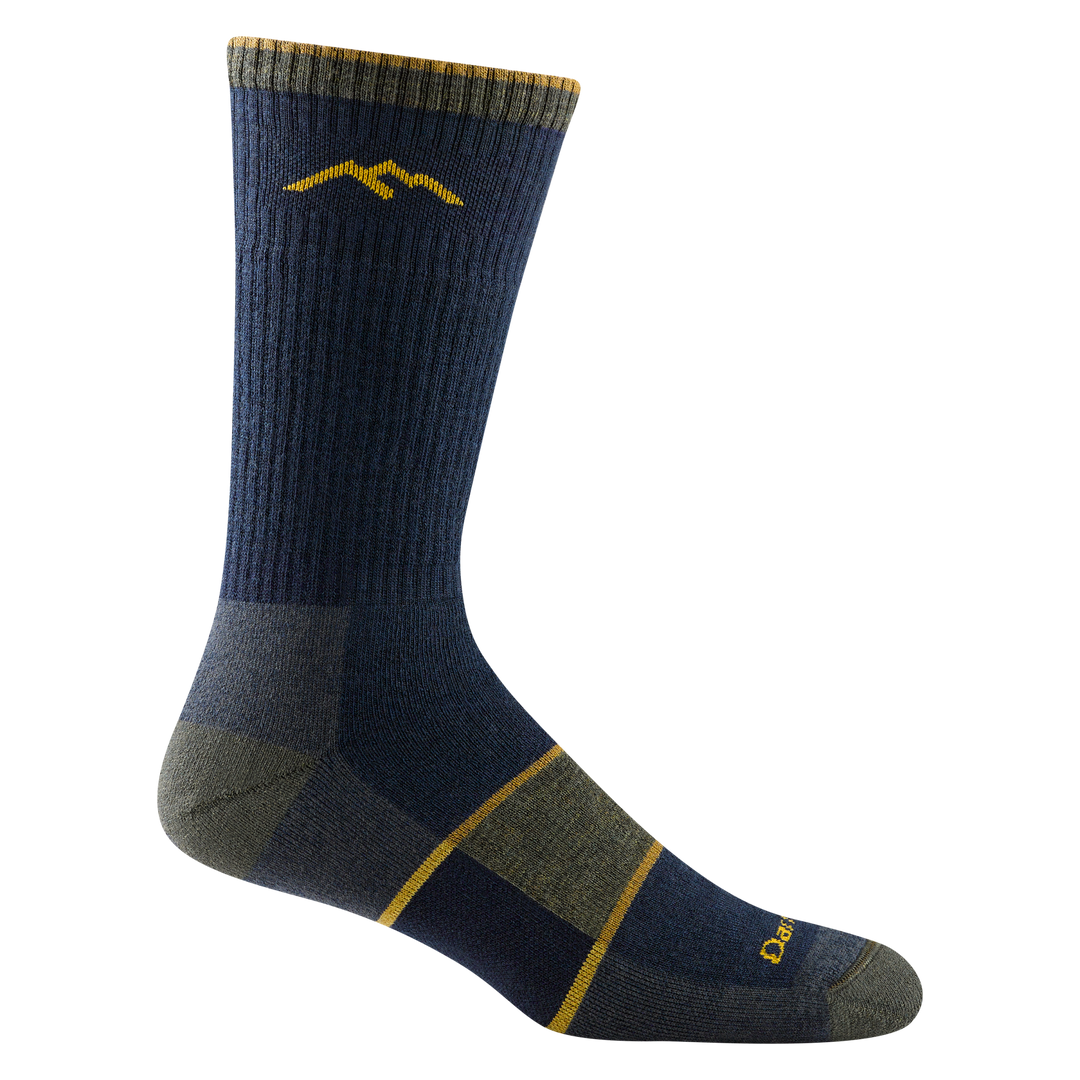 1405 men's hiking boot sock in color navy blue with dark gray accents and forefoot colorblock with 2 yellow stripes