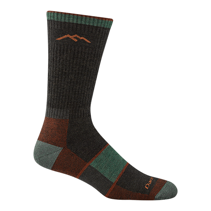 1405 men's hiking boot sock in walnut with mint green toe/heel accents and forefoot color block with 2 rust stripes
