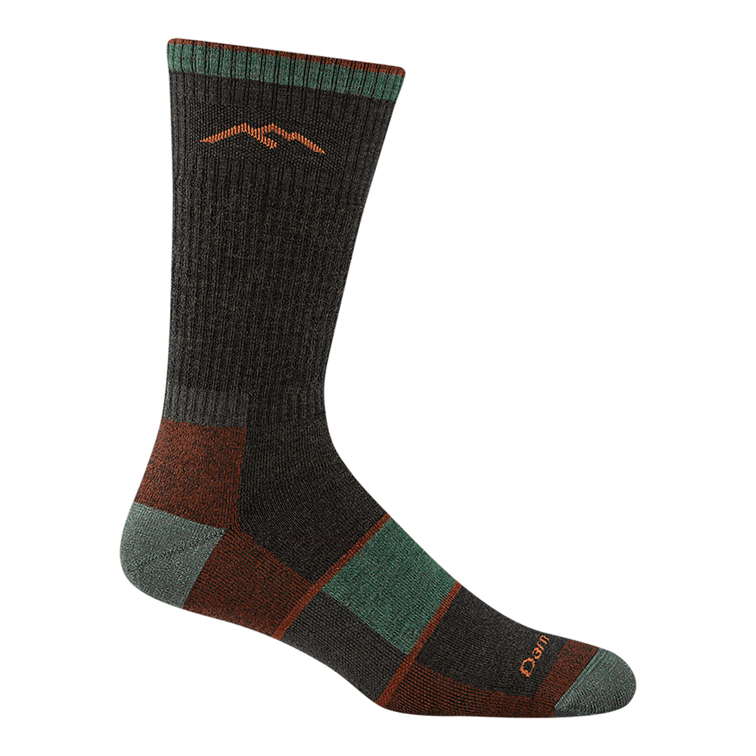 1405 men's hiking boot sock in walnut with mint green toe/heel accents and forefoot color block with 2 rust stripes
