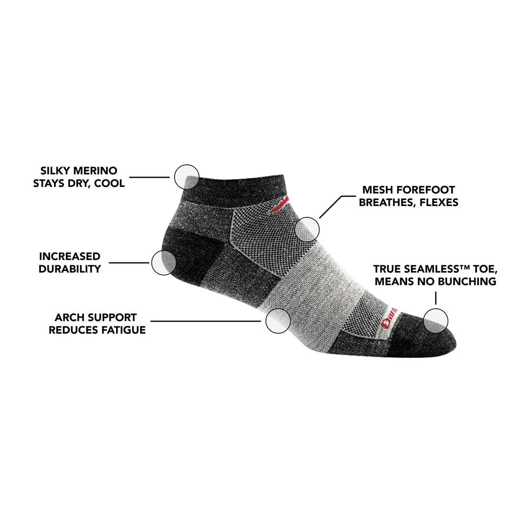 Image of 1437 No Show Athletic Sock in Charcoal calling out all of the features of the sock