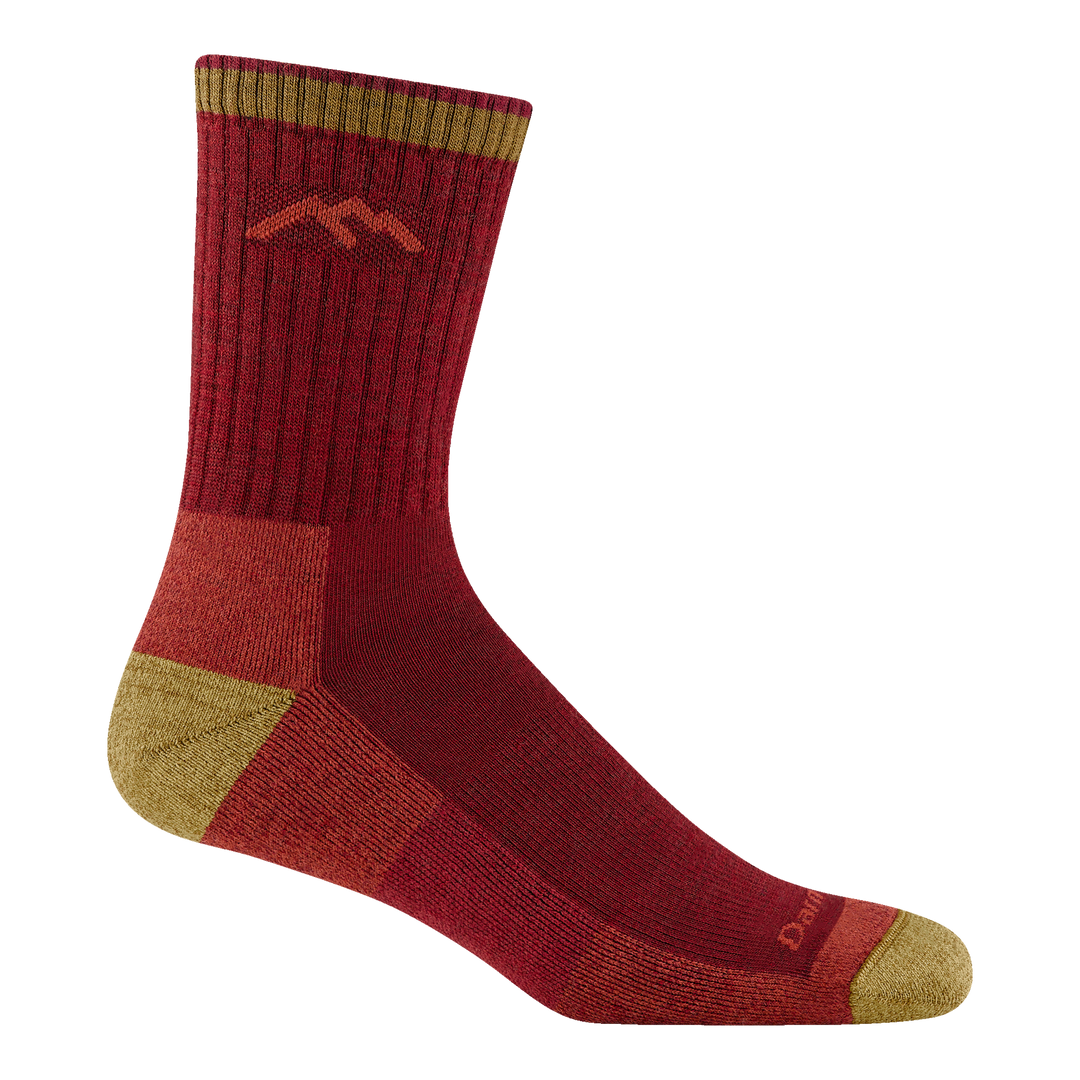 1466 men's hiker micro crew hiking sock in Berry with gold toe/heel and yellow darn tough mountain logo