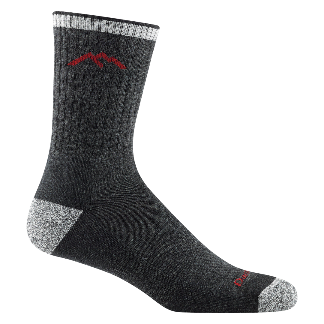 1466 men's micro crew hiking sock in color black with light gray accents and red darn tough signature on forefoot