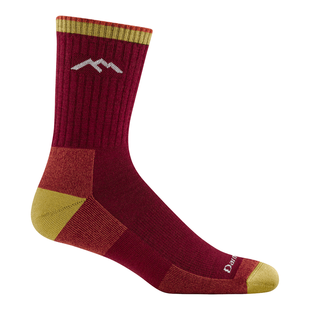 1466 midweight micro crew hiker in burgundy colorway featuring a red body yellow heel/toe and off white logo