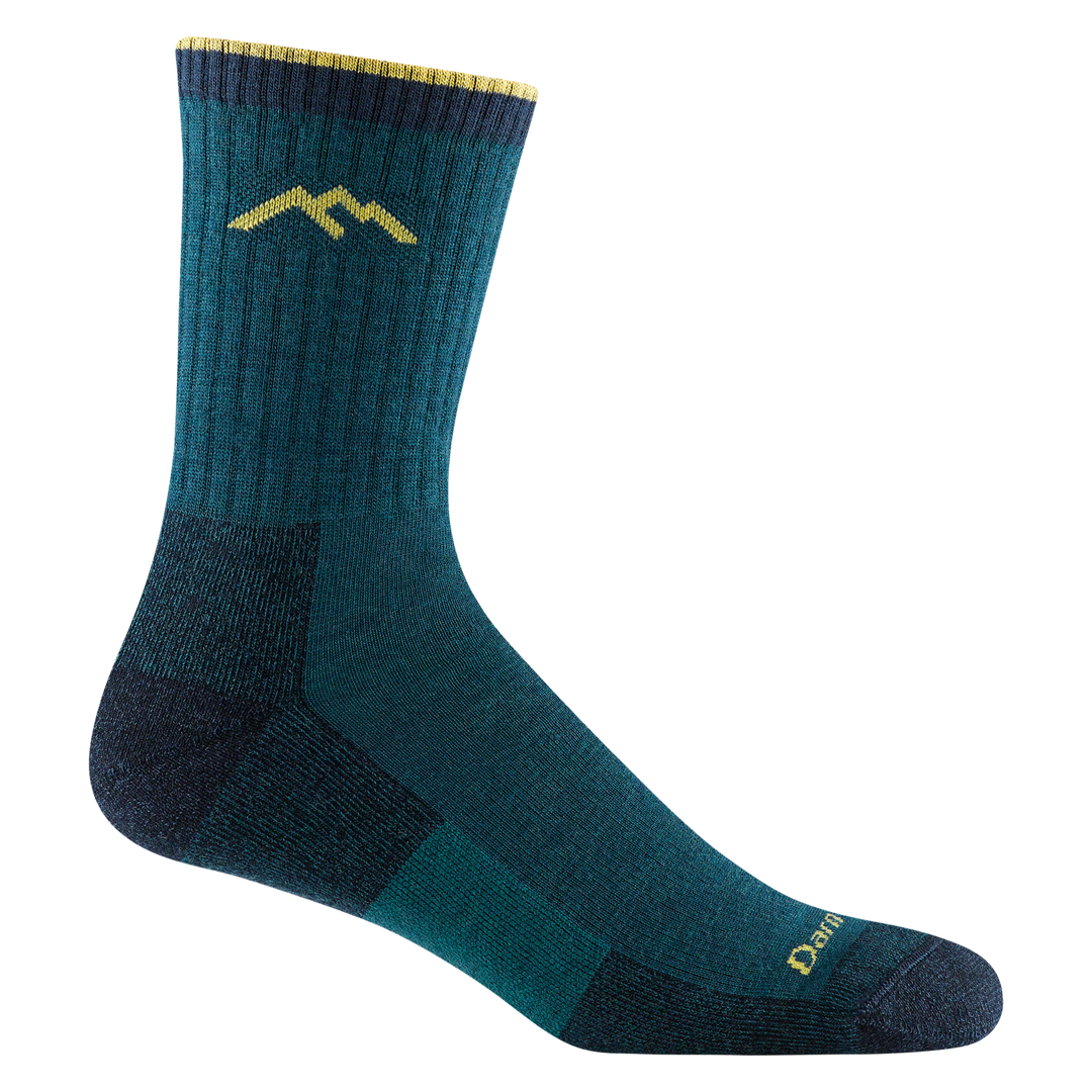 1466 men's hiker micro crew hiking sock in dark teal with darker toe/heel  and yellow darn tough mountain logo