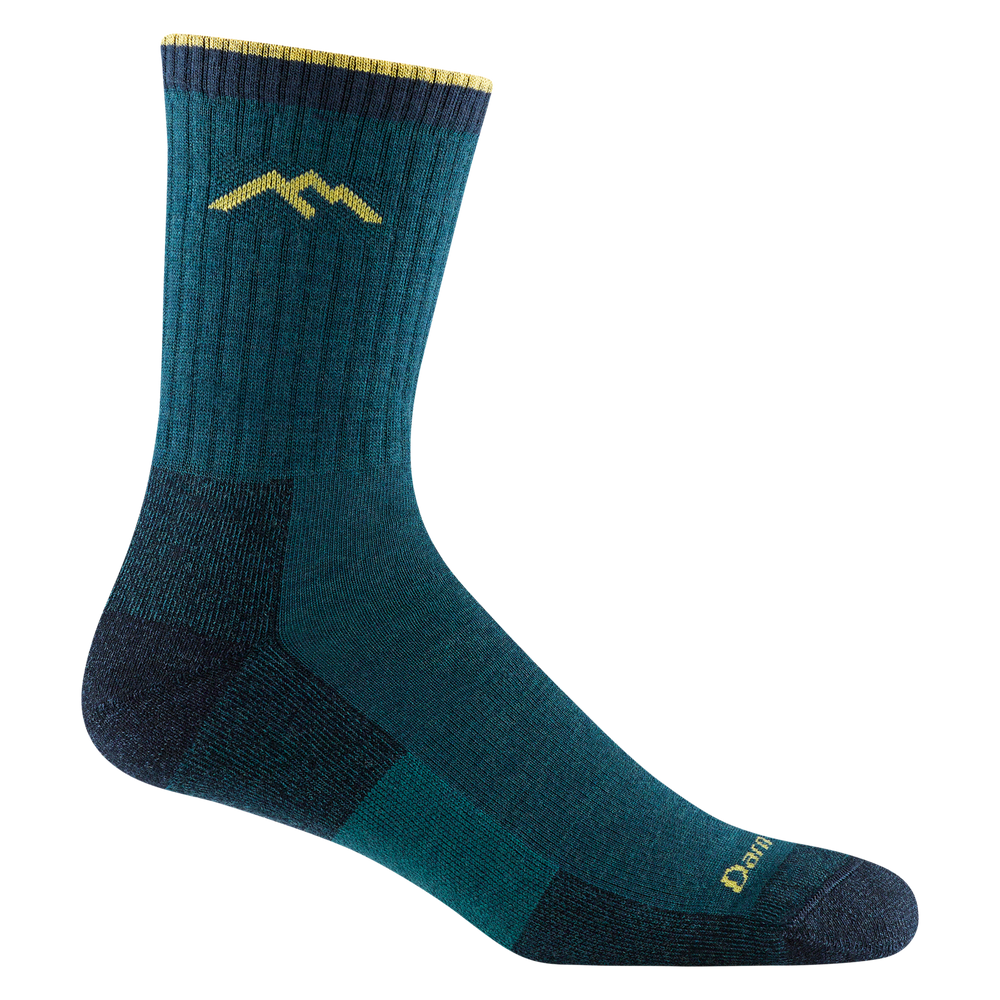 1466 men's hiker micro crew hiking sock in dark teal with darker toe/heel and yellow darn tough mountain logo