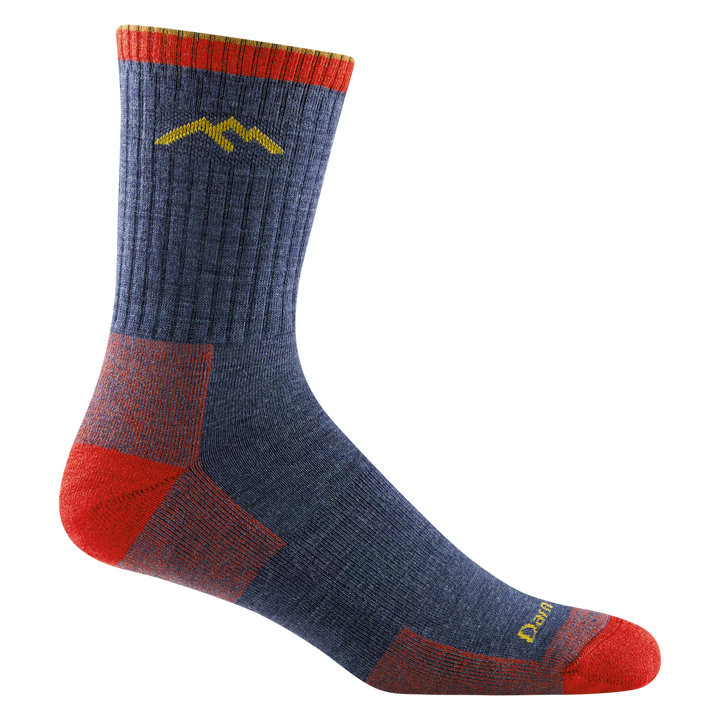 1466 men's hiker micro crew hiking sock in denim with red toe/heel and yellow darn tough mountain logo