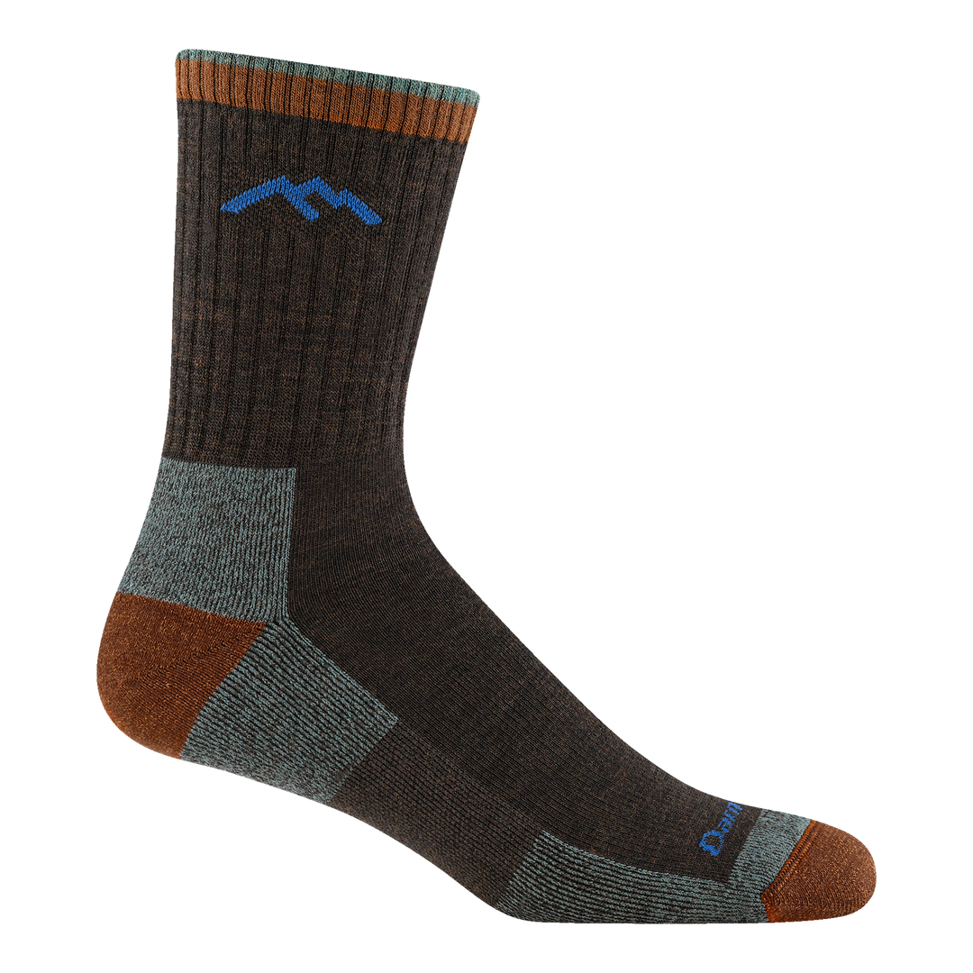 1466 men's hiker micro crew hiking sock in Hickory with burnt orange toe/heel and blue darn tough mountain logo