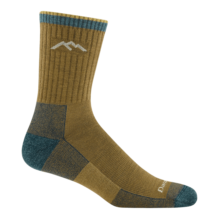 1466 hiker micro crew hiking sock in honey colorway featuring yellow body and teal heel/toe White logo