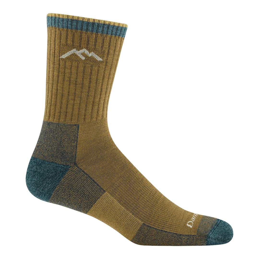 1466 hiker micro crew hiking sock in honey colorway featuring yellow body and teal heel/toe White logo