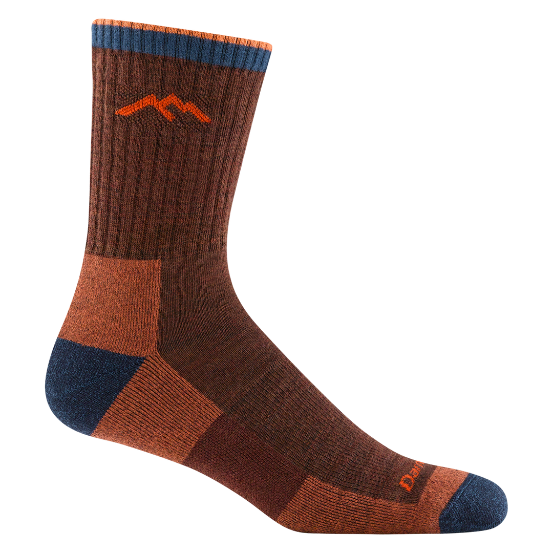 1466 men's hiker micro crew hiking sock in nutmeg with navy toe/heel and orange darn tough mountain logo