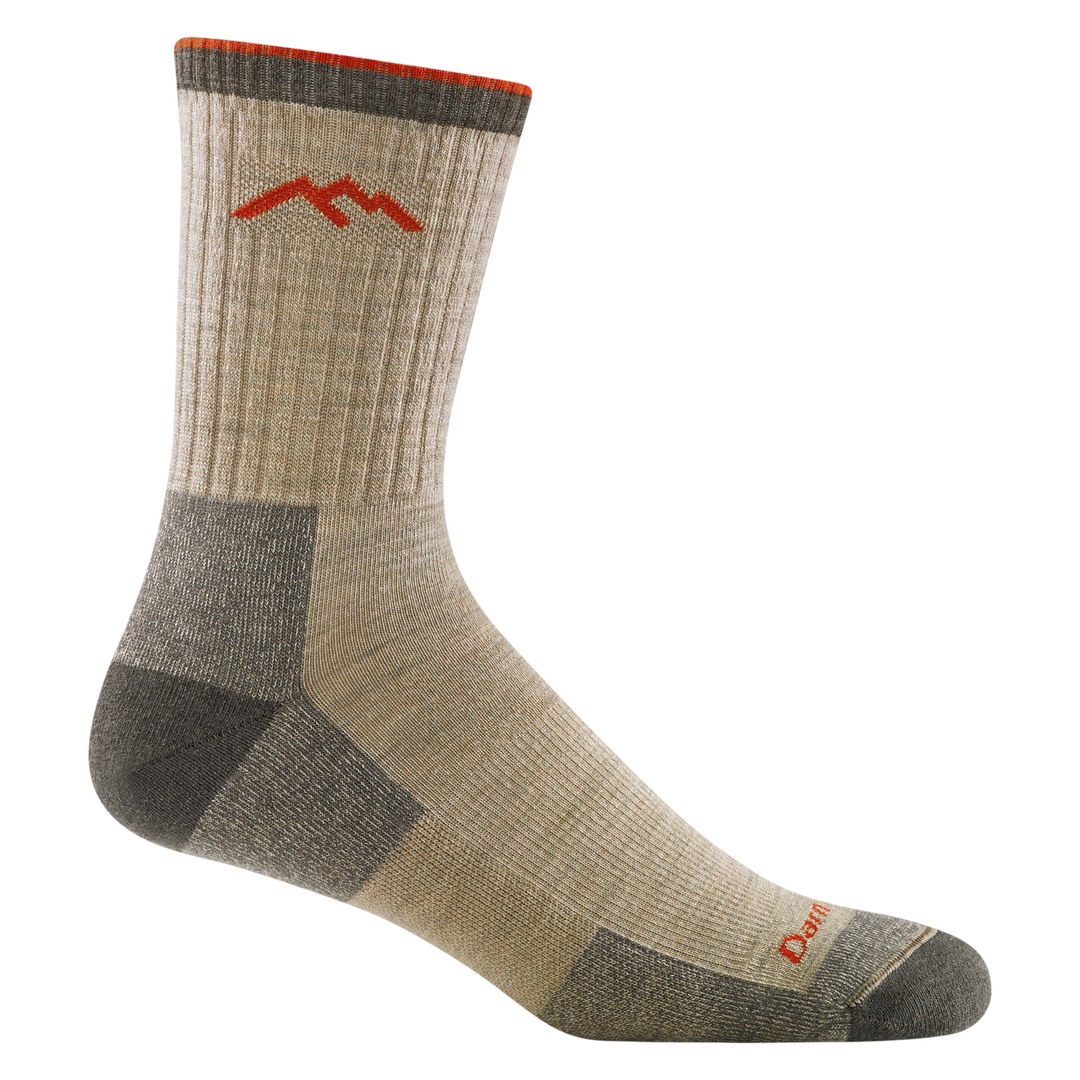 1466 men's micro crew hiking sock in color oatmeal with brown toe/heel accents and red darn tough signature on forefoot