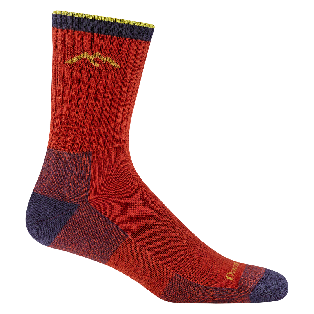 1466 men's hiker micro crew hiking sock in Picante with purple toe/heel and yellow darn tough mountain logo