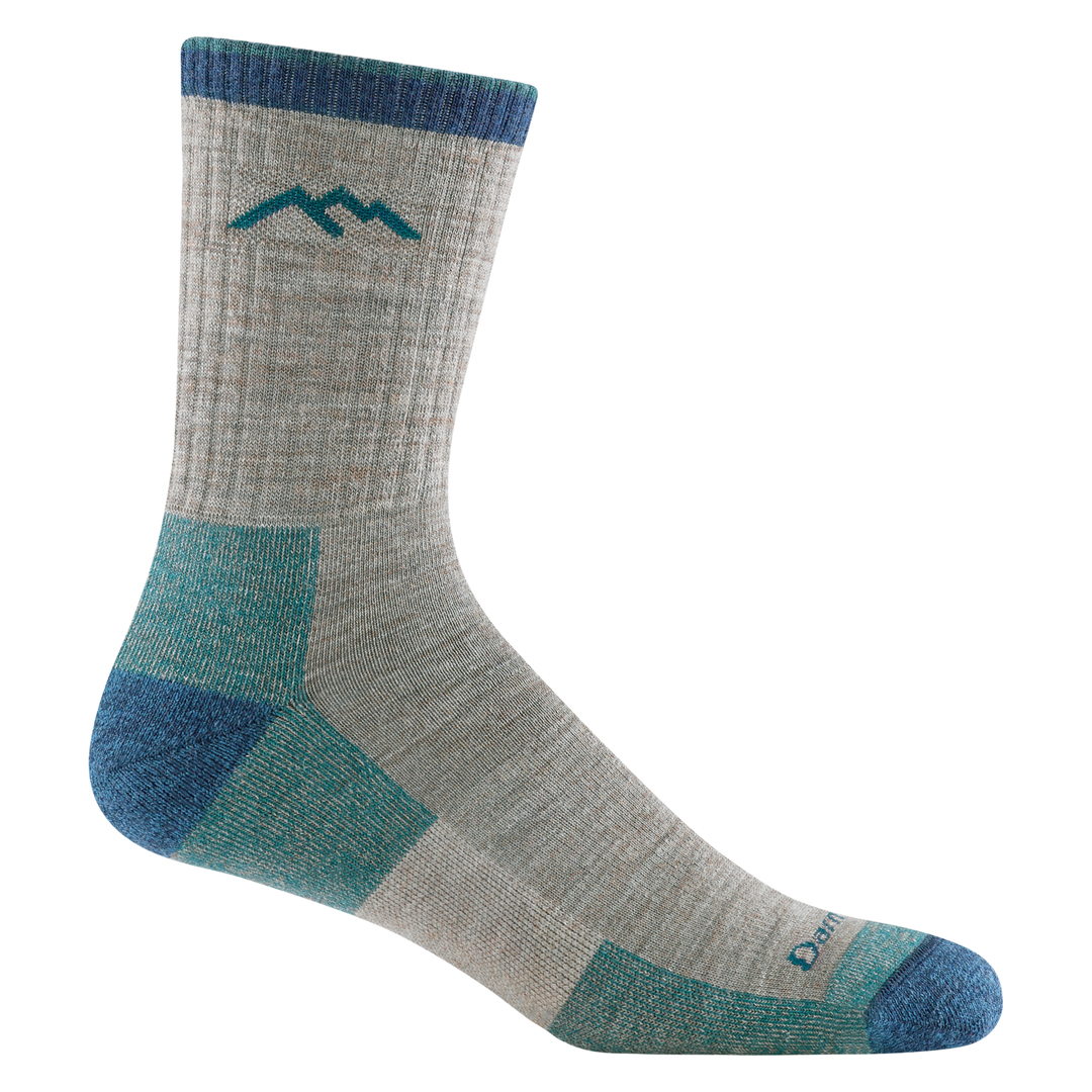 1466 men's hiker micro crew hiking sock in rye with blue toe/heel and teal darn tough mountain logo