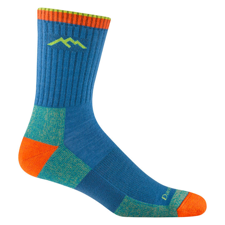 1466 men's hiker micro crew hiking sock in Tahoe with orange toe/heel and yellow darn tough mountain logo