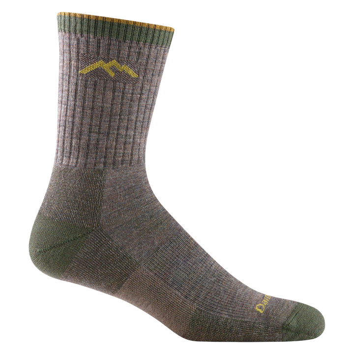 1466 men's micro crew hiking sock in taupe with olive green toe/heel accents and yellow darn tough signature on forefoot