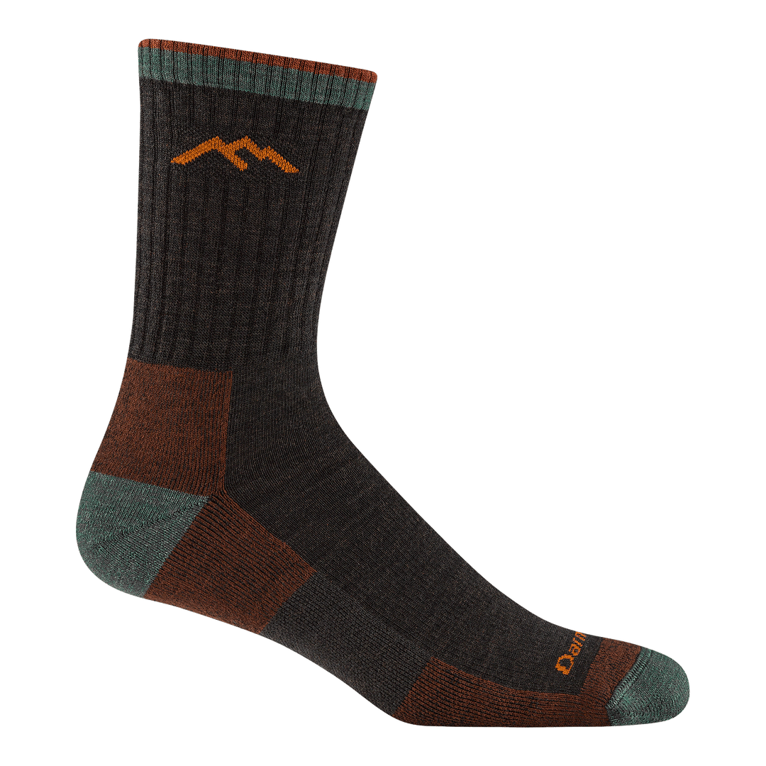 1466 men's hiker micro crew hiking sock in walnut with green toe/heel and orange darn tough mountain logo