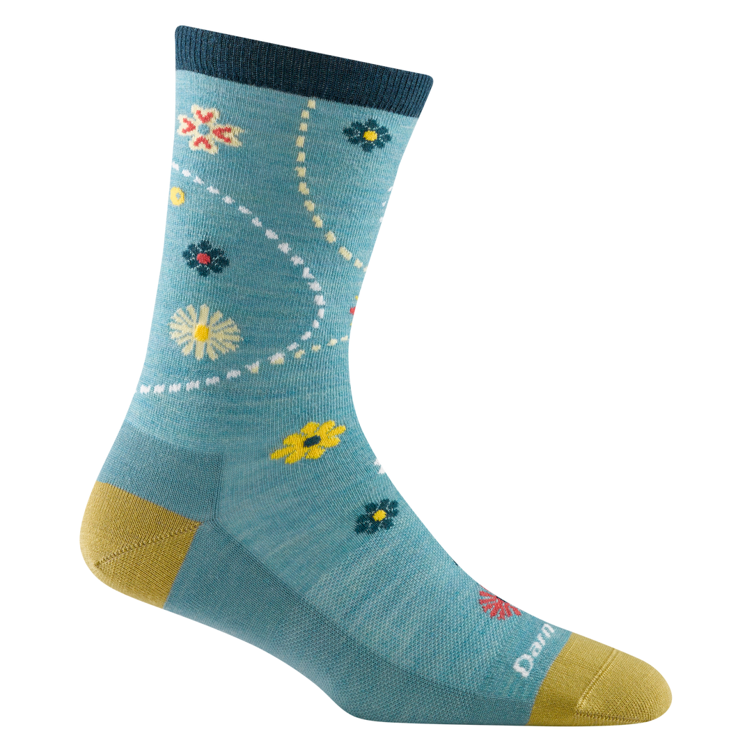 1610 women's garden crew lifestyle sock in color aqua with yellow accents and yellow, white and red floral designs
