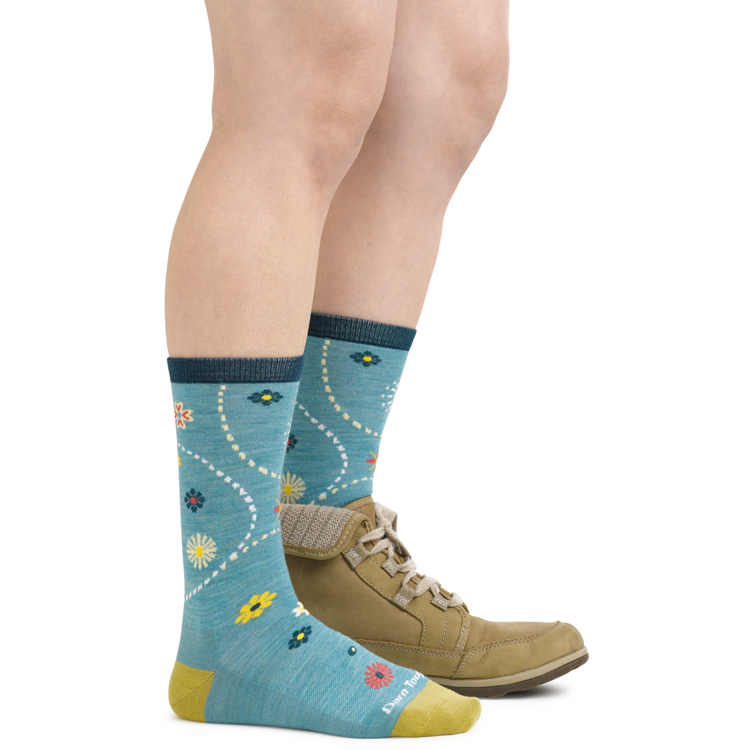 1610 women's garden crew everyday floral socks in aqua blue on foot wearing fashion boots