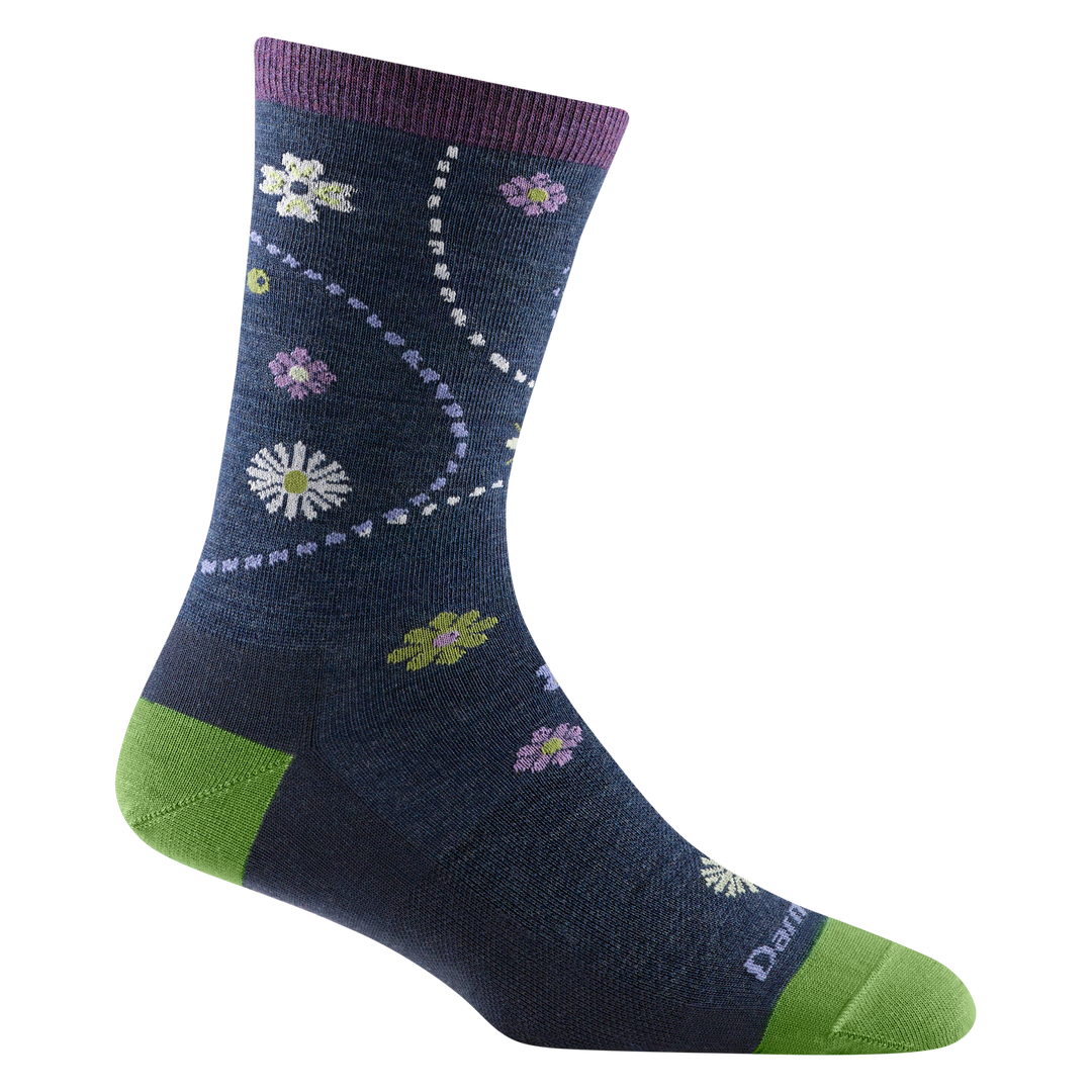 1610 women's garden crew lifestyle sock in color brown with lavender accents and yellow and lavendar floral designs