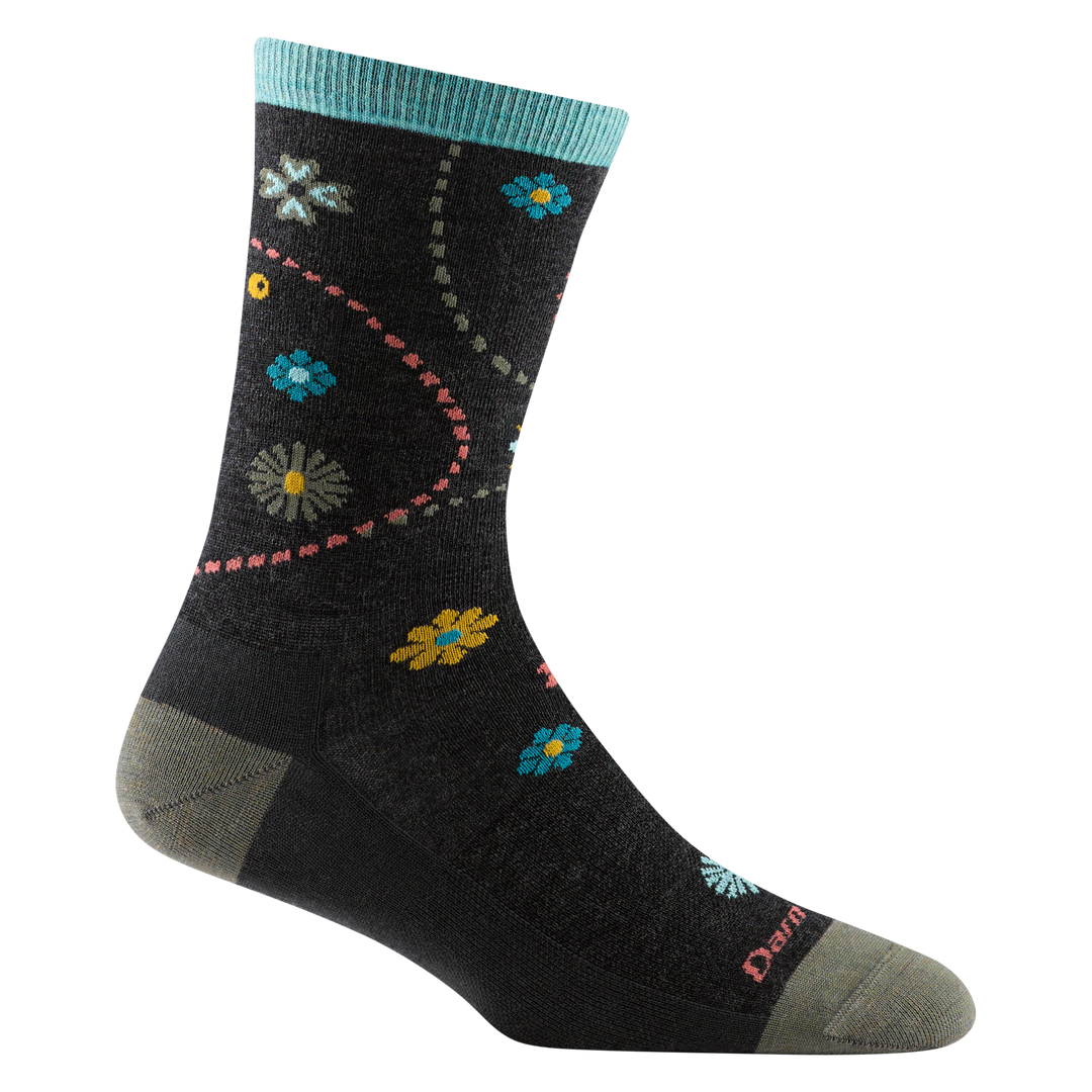 1610 women's garden crew lifestyle sock in charcoal with light grey accents and pink, blue and yellow foral designs