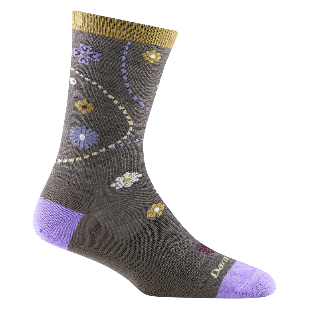 1610 women's garden crew lifestyle sock in brown with lavender toe/heel accents and yellow and lavendar floral designs