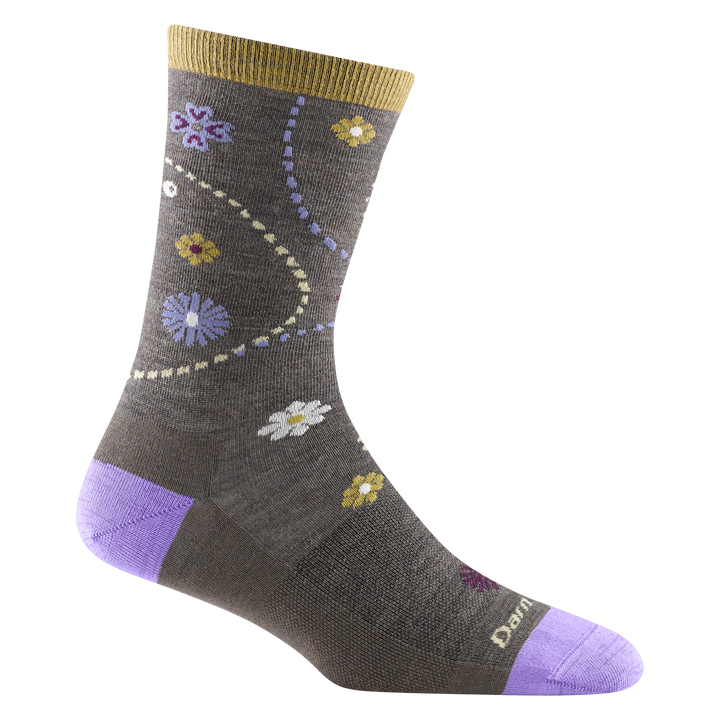 1610 women's garden crew lifestyle sock in brown with lavender toe/heel accents and yellow and lavender floral designs