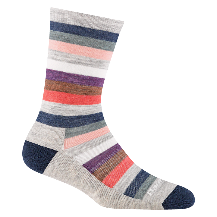 1644 women's mystic stripe crew lifestyle sock in ash with denim/pink/orange/purple/gray accents