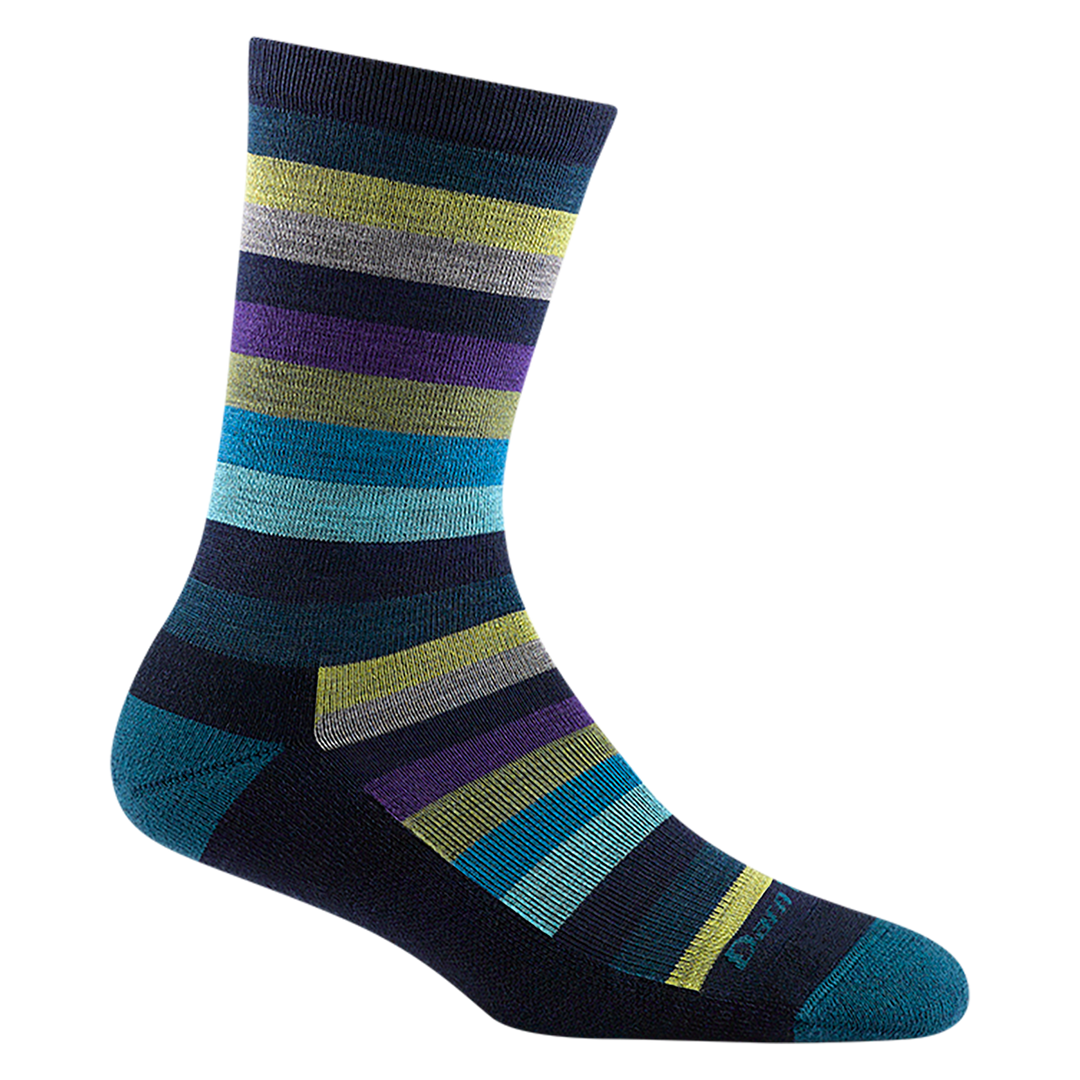 1644 women's mystic stripe crew lifestyle sock in color dark teal with lime green, blue, black and purple striping