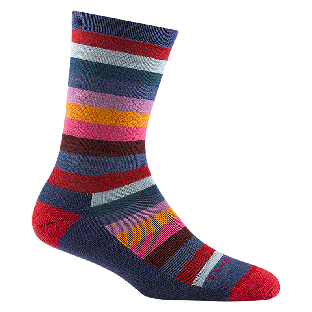 1644 women's mystic stripe crew lifestyle sock in denim blue with red/pink/orange/purple/blue accents
