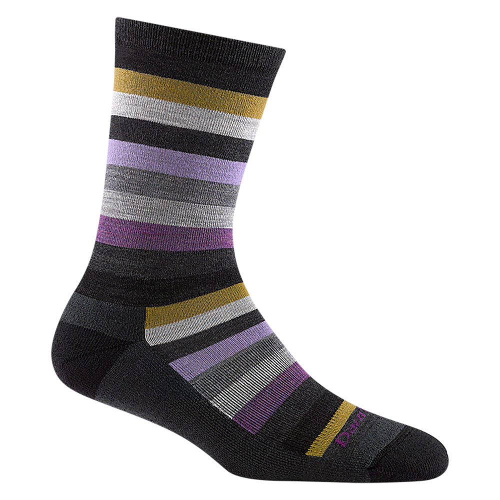 1644 women's mystic stripe crew lifestyle sock in gray with black toe/heel accents and yellow, purple and gray striping