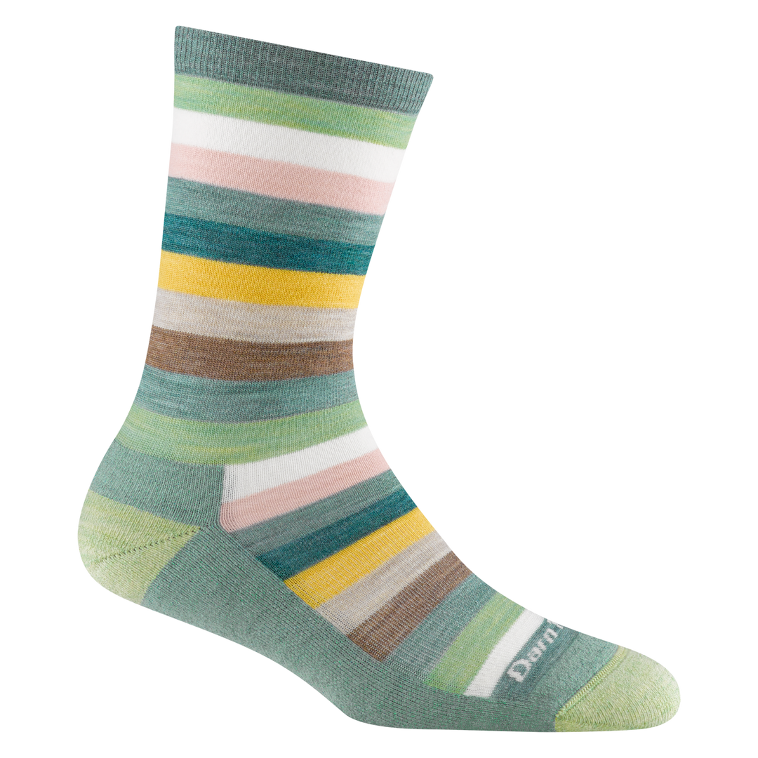 1644 women's mystic stripe crew lifestyle sock in seafoam with light green toe/heel accents and brown, yellow and green striping