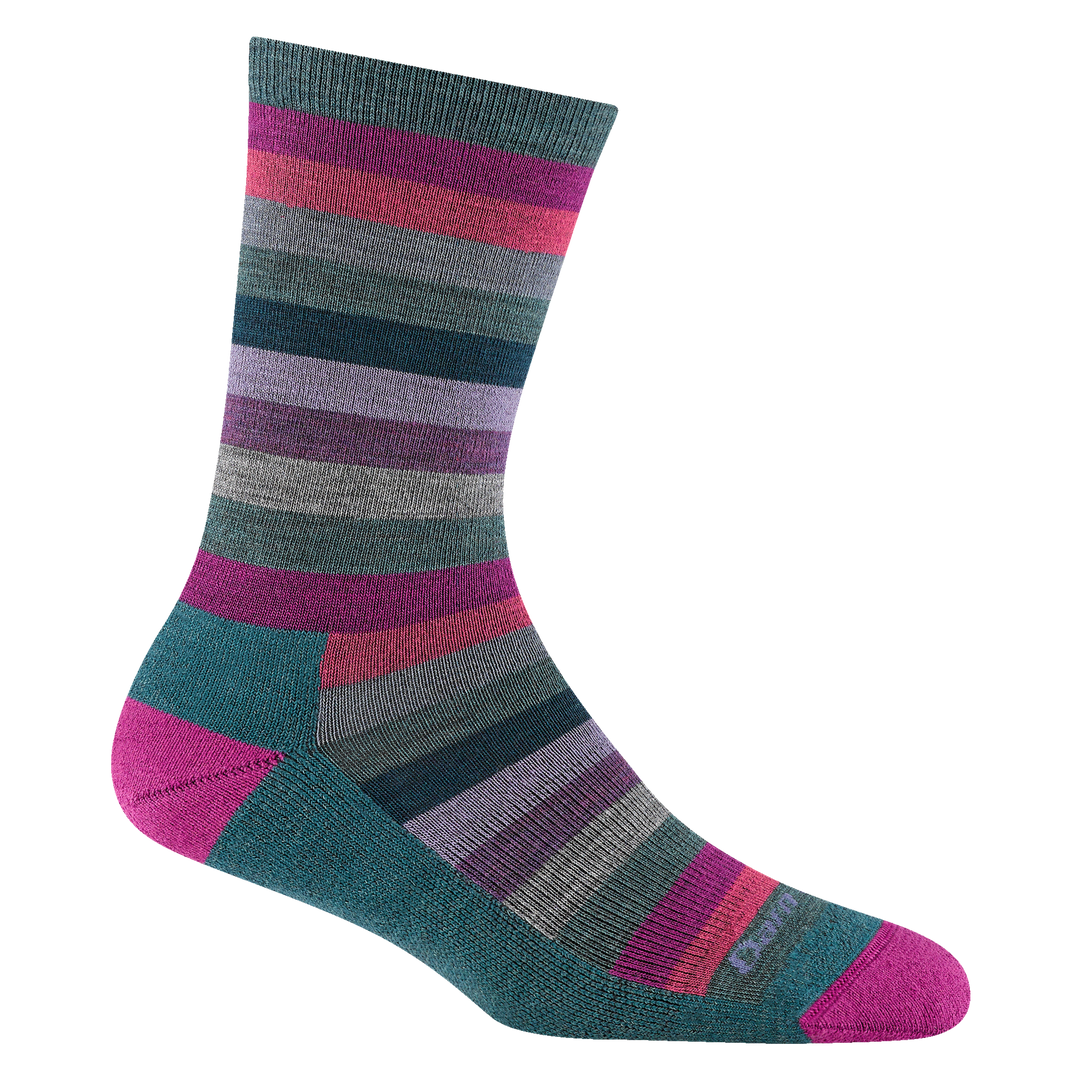 1644 women's mystic stripe crew lifestyle sock in Spruce with pink toe/heel accents and green, pink and gray striping