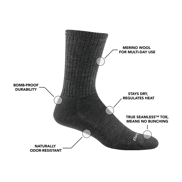 Image of the Men's Standard Crew Lifestyle Sock in Charcoal, calling out all of the features of the sock