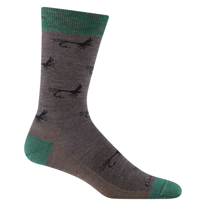 Product shot of 1671 Mcfly crew sock in Taupe colorway featuring green heel, toe, and cuff accents with fly fishing lure pattern.