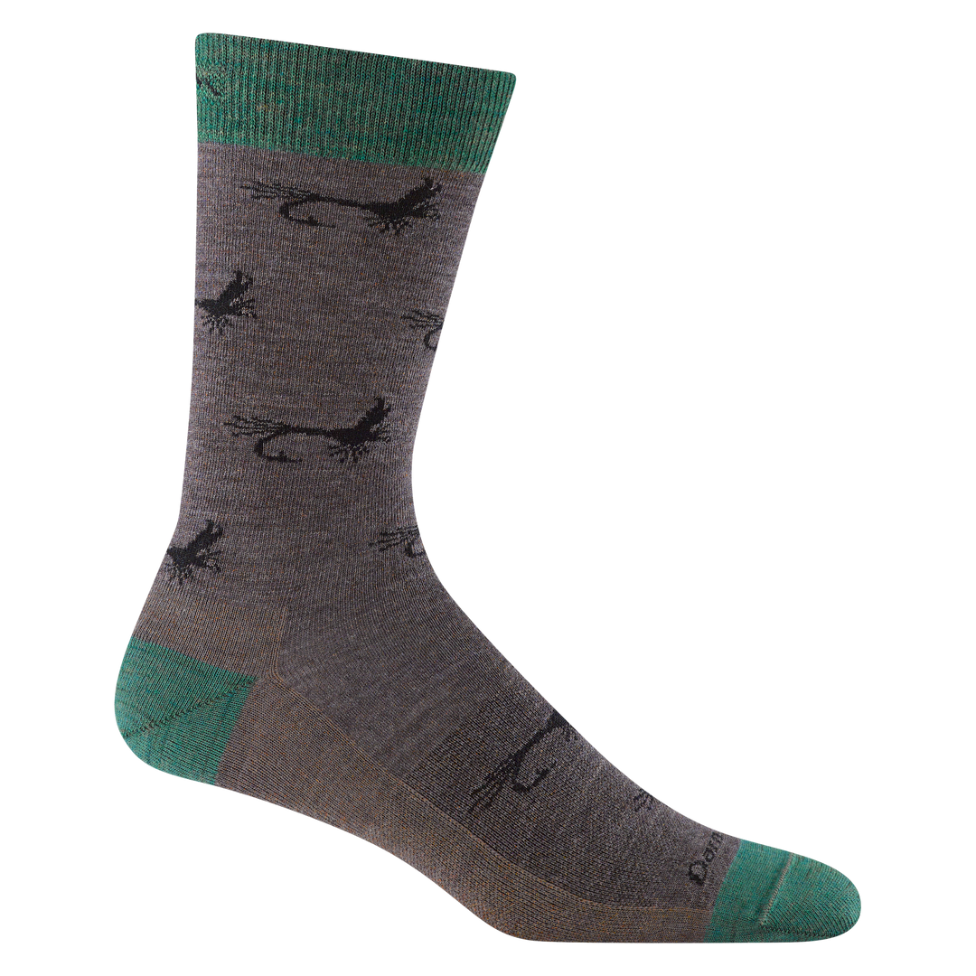 Product shot of 1671 Mcfly crew sock in Taupe colorway featuring green heel, toe, and cuff accents with fly fishing lure pattern.