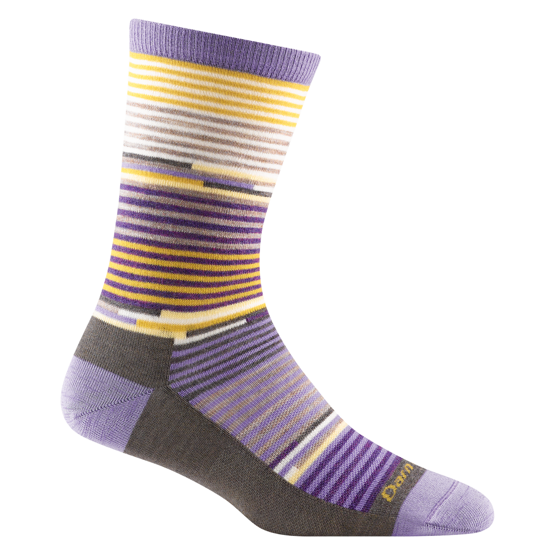 1692 women's pixie crew lifestyle sock in color lavender with yellow, white and brown striping