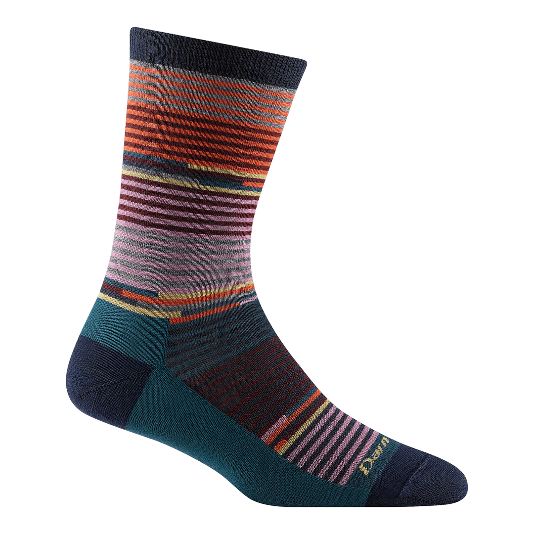 1692 women's pixie crew lifestyle sock in color navy with orange, pink, teal and yellow striping