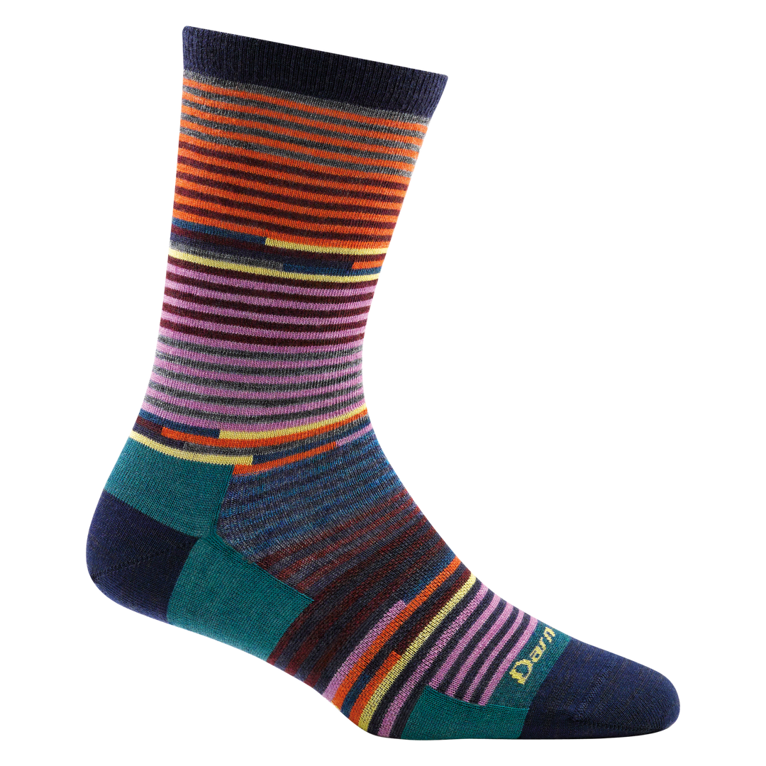 1692 women's pixie crew lifestyle sock in color navy with orange, pink, teal and yellow striping