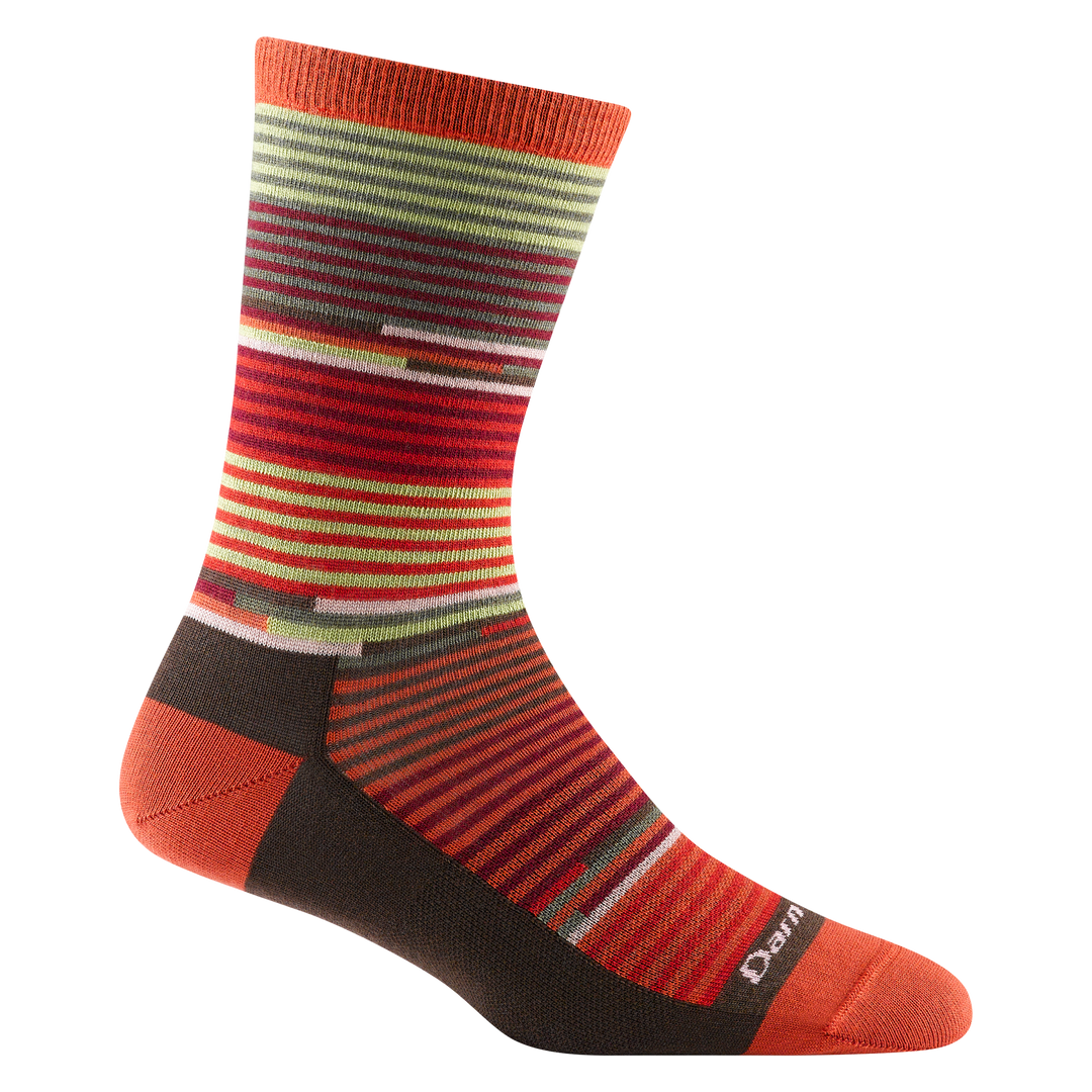 1692 women's pixie crew lifestyle sock in color tomato orange with red, yellow and green striping