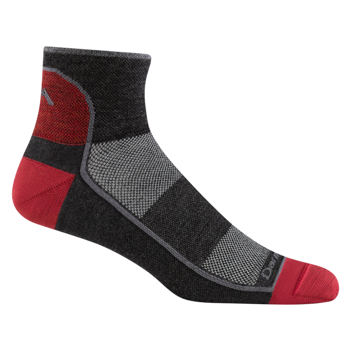 1715 men's quarter running sock in team DTV with red toe/heel accents,gray color block forefoot, and red achilles