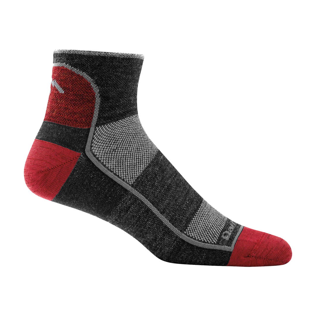 1715 men's quarter athletic sock in color dark grey with red toe/heel accents and light grey forefoot outline