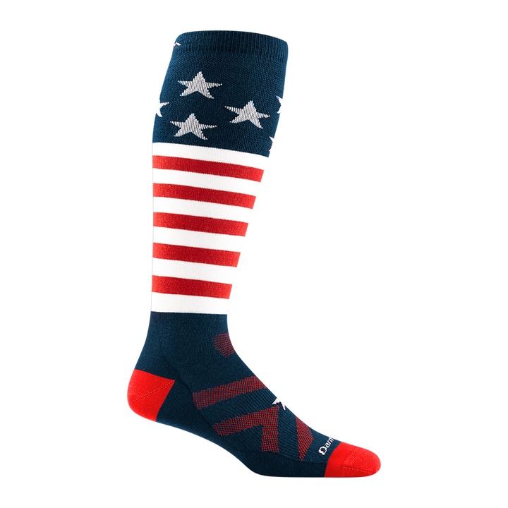 1815 men's captain stripe over-the-calf ski sock with red accents, red chevron forefoot, and american flag design