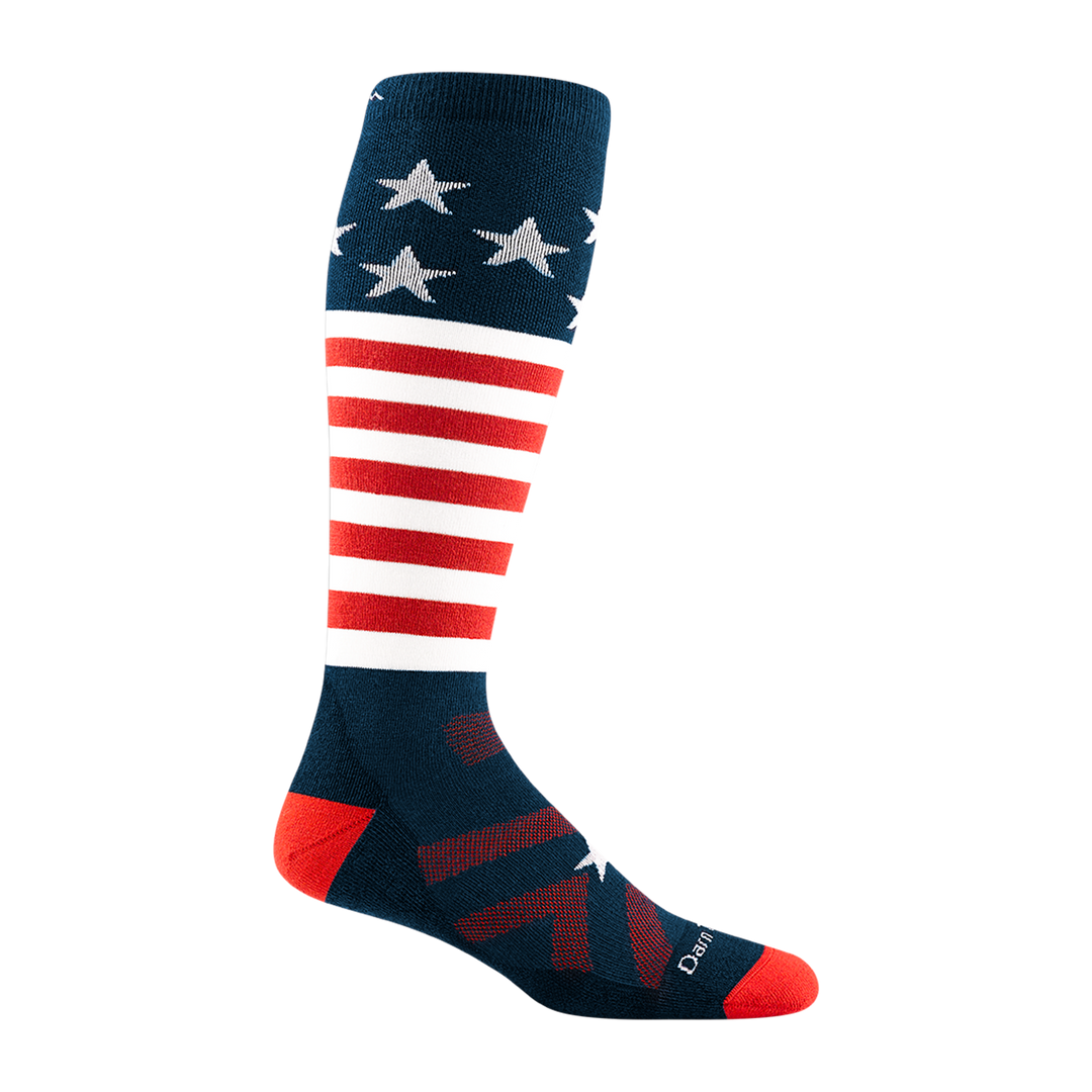 1818 men's captain stripe over-the-calf ski sock in navy with red toe/heel accents and american flag design