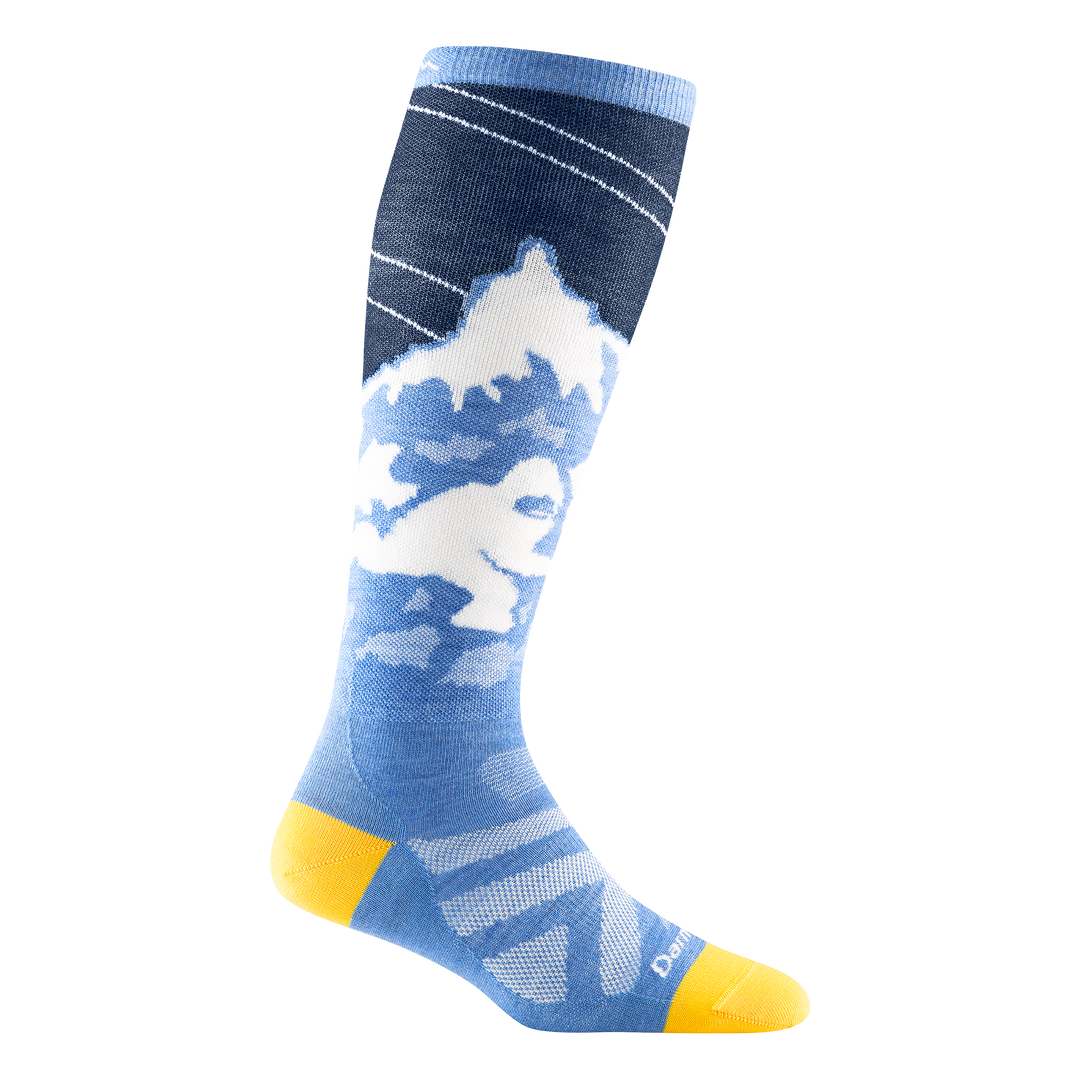 Reverse side of women's yeti over-the-calf ski sock in navy with white chevron and dan tough signature on forefoot