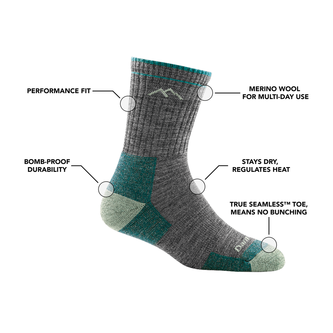 Image of Women's Micro Crew Hiking Sock in Slate calling out all of it's features and benefits