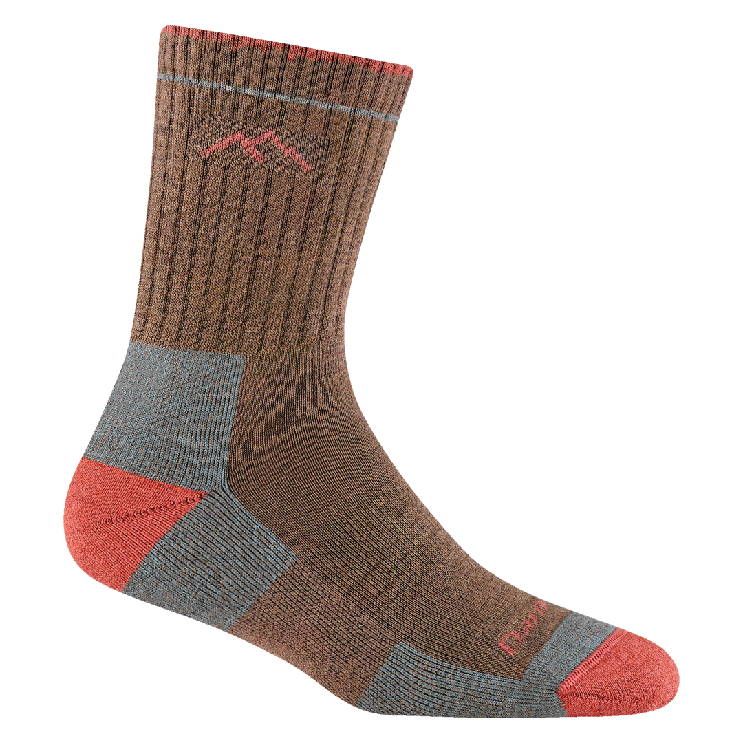 1903 women's hiker micro crew hiking sock in Bark with rose toe/heel accents and darn tough mountain detail