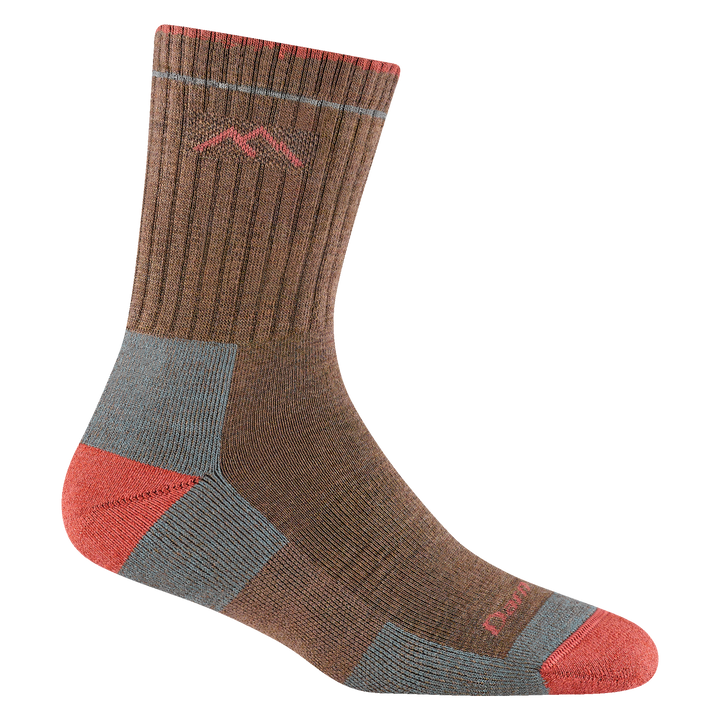 1903 women's hiker micro crew hiking sock in Bark with rose toe/heel accents and darn tough mountain detail