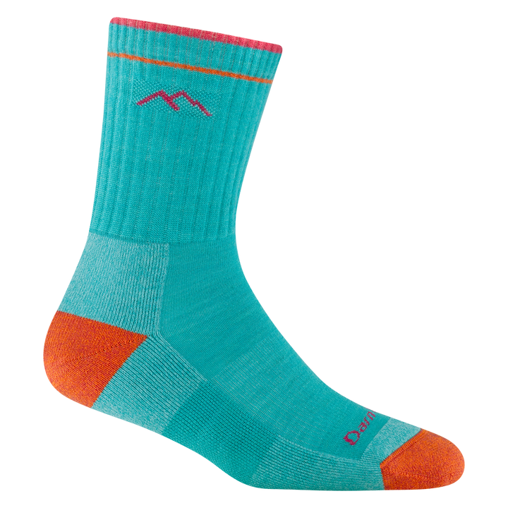 1903 women's hiker micro crew hiking sock in Cyan with orange toe/heel and red accents and darn tough mountain detail