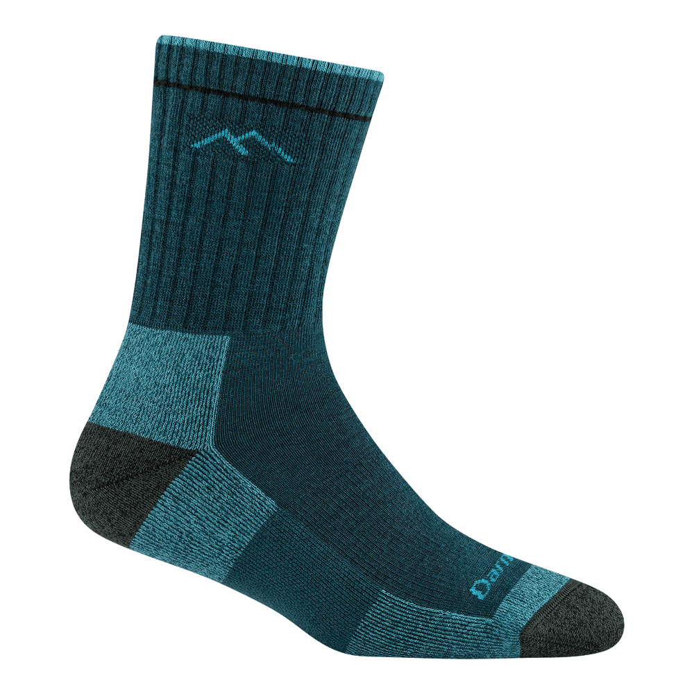 1903 midweight micro crew hiker in juniper colorway featuring a dark teal body, charcoal heel/toe and light teal logo